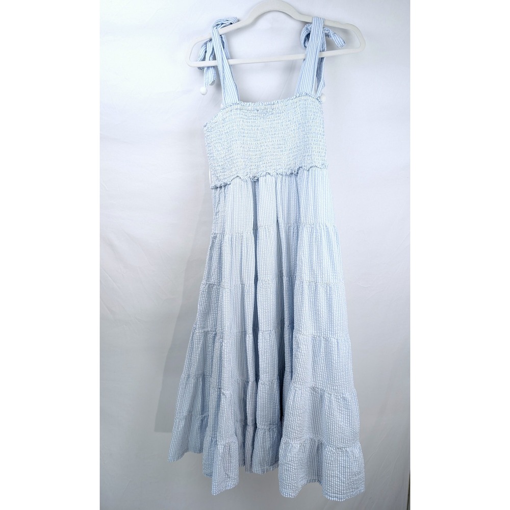 Seersucker 100% Cotton Lined Tiered Peasant Dress Sz S Blue Cottagecore Prairie - Picture 2 of 10